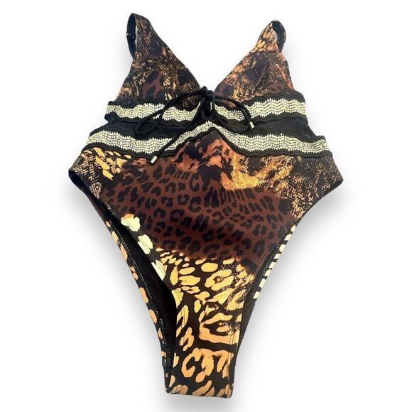 River Island - Womens Brown Animal Print Plunge One Piece Swimsuit - Picture 8 of 11